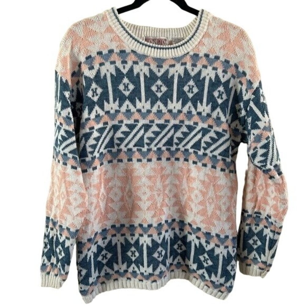 Hunts Point Vintage Fair Isle Blue & Pink Sweater, Sz Medium